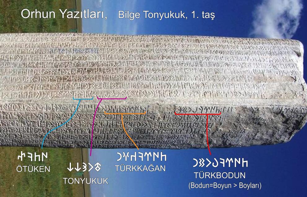 Orhun Yazıtları - Bilge Tonyukuk yazıtlarında Göktürkçe Türk, Boyları, Kağan, Tonyukuk, Tanrı, Ötüken kelimeleri